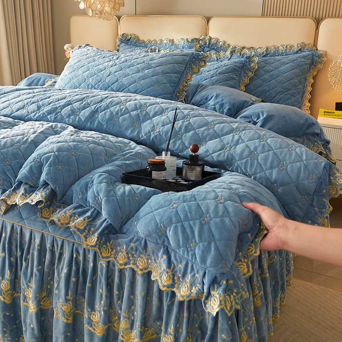 91家纺网 家纺一手货源 找家纺 罗艺轩 2024新款加厚宝宝绒夹棉床裙四件套-梦幻星辰 绅士蓝