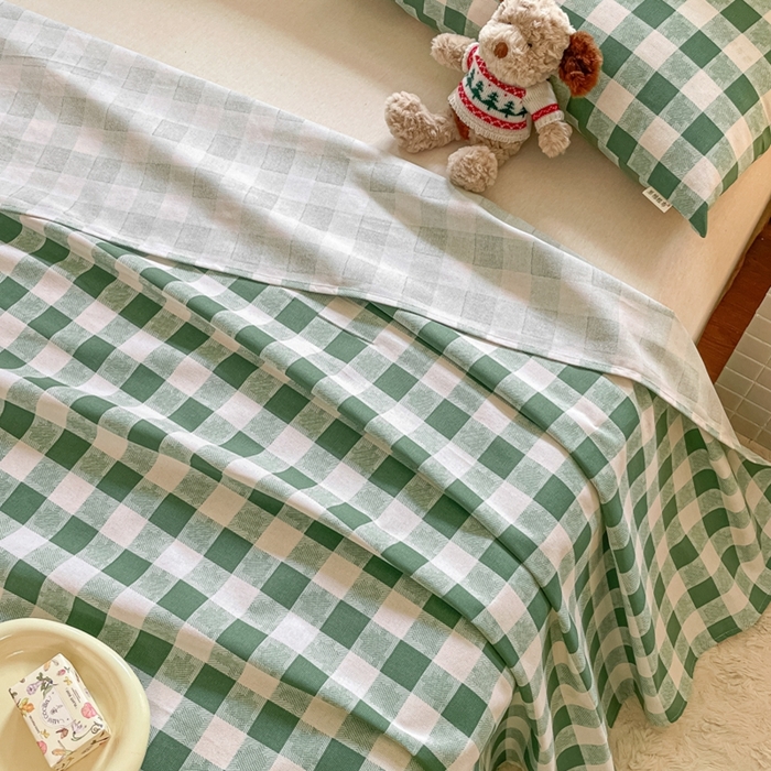 91家纺网 家纺一手货源 找家纺 义博家纺 2025新款全棉老粗布床单 绿大格