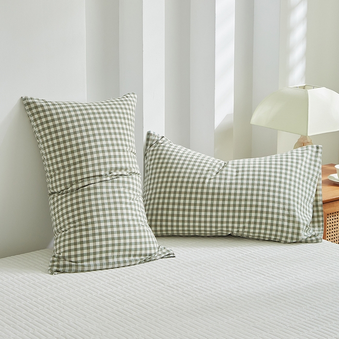 91家纺网 家纺一手货源 找家纺 呦呦南宋 纯棉简约款枕套 母婴级A类全棉色织水洗棉无印风单品一对装全棉枕头套 绿小格（简约款）