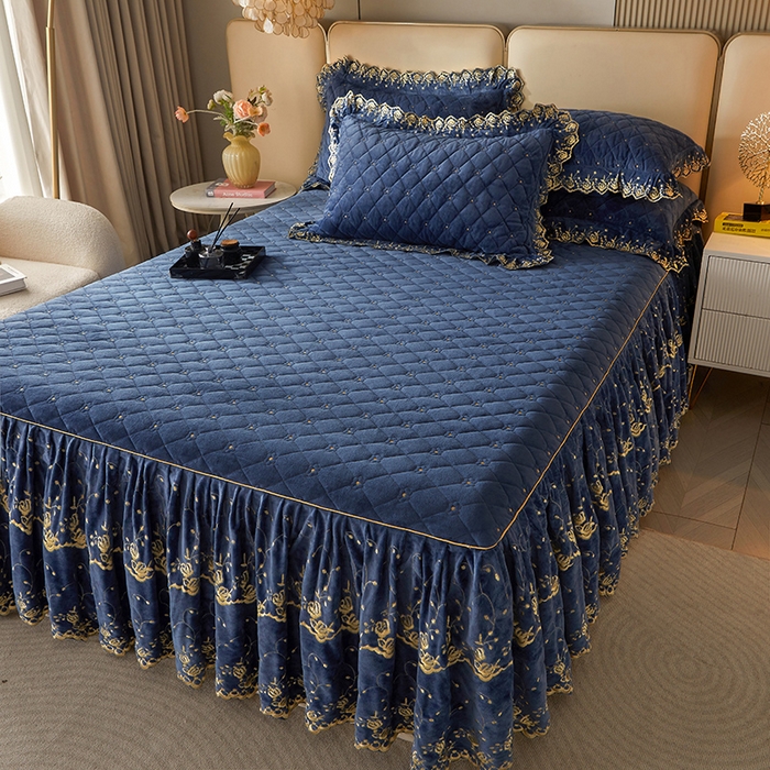 91家纺网 家纺一手货源 找家纺 罗艺轩 2024新款加厚宝宝绒夹棉床裙四件套-梦幻星辰 宝石蓝