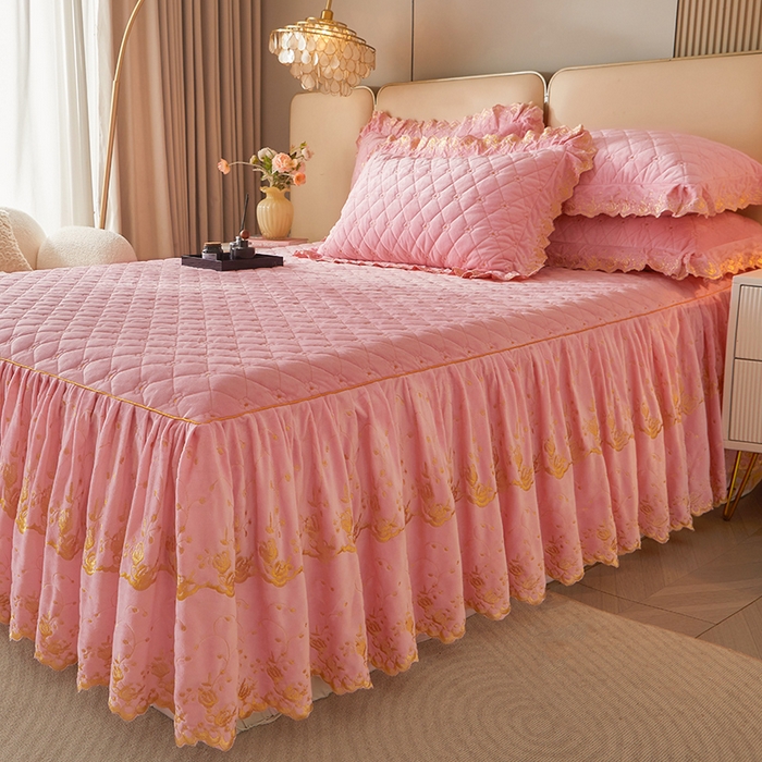 91家纺网 家纺一手货源 找家纺 罗艺轩 2024新款加厚宝宝绒夹棉床裙三件套-梦幻星辰 樱花粉