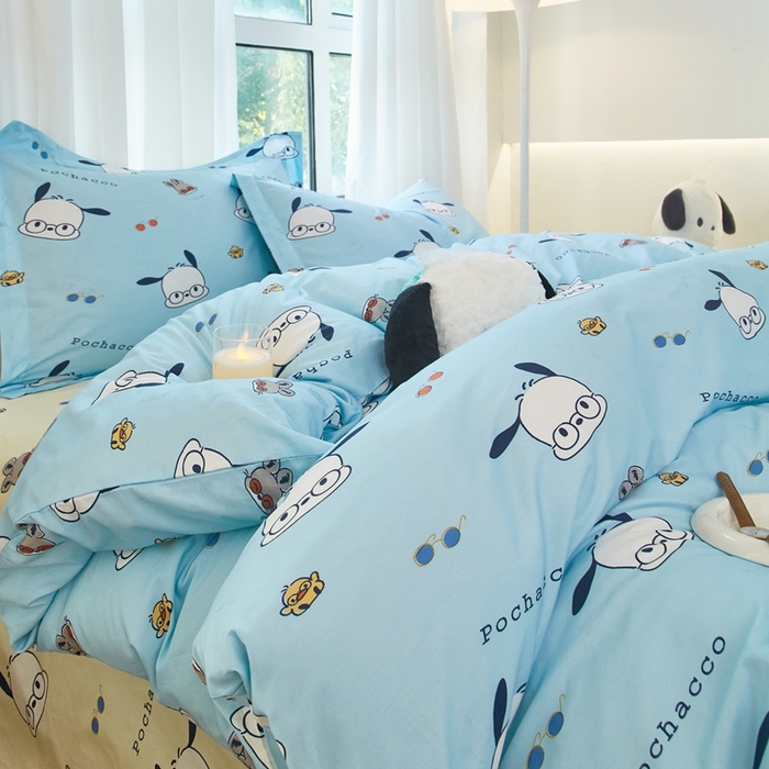 91家纺网 家纺一手货源 找家纺 蘭菲家纺 2024新款全棉小版卡通三丽鸥四件套 眼睛狗.蓝