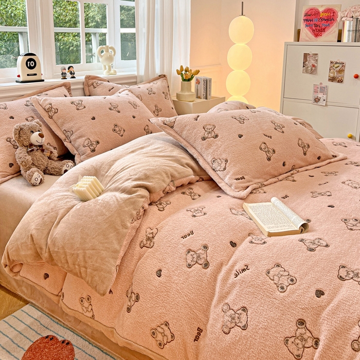 91家纺网 家纺一手货源 找家纺 韩巢家纺 2024新款加厚雪花绒牛奶绒珊瑚绒四件套-新品（提供卖家秀） 咖色熊