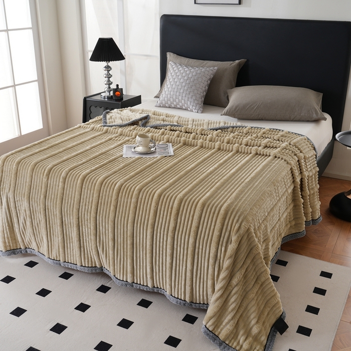 91家纺网 家纺一手货源 找家纺 巴木赫 2024新款子母抽条兔毛绒绒毯毯子 浅驼