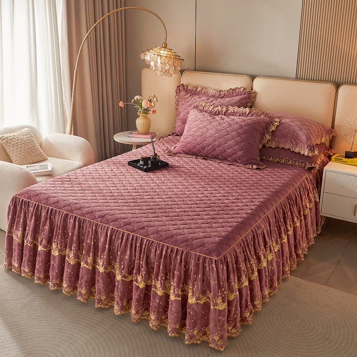 91家纺网 家纺一手货源 找家纺 罗艺轩 2024新款加厚宝宝绒夹棉床裙四件套-梦幻星辰 豆沙粉