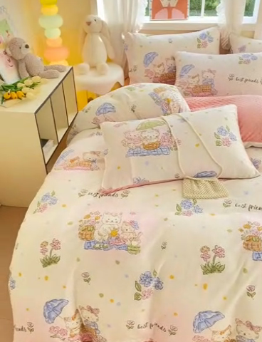 91家纺网 家纺一手货源 找家纺 金鑫汇家纺 2024新款棉加豆豆绒系列四件套 喵喵日记