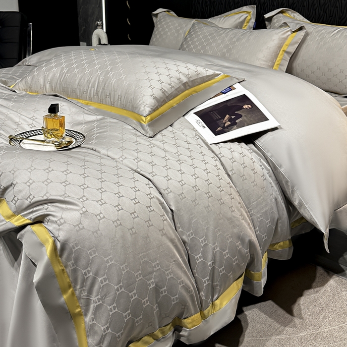 91家纺网 家纺一手货源 找家纺 雲归梦 2024新款轻奢双拼角全棉提花四件套 梵雅-雅士灰