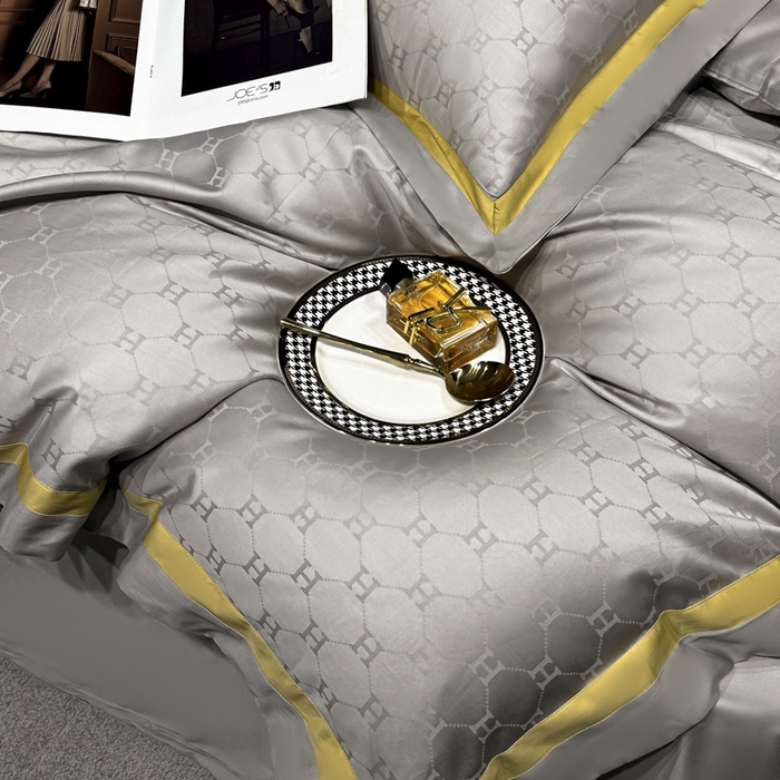 91家纺网 家纺一手货源 找家纺 雲归梦 2024新款轻奢双拼角全棉提花四件套 梵雅-雅士灰