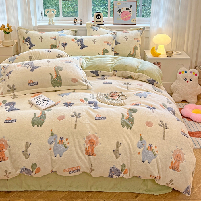 91家纺网 家纺一手货源 找家纺 韩巢家纺 2024新款加厚雪花绒牛奶绒珊瑚绒四件套-新品（提供卖家秀） 恐龙宝贝（绿）