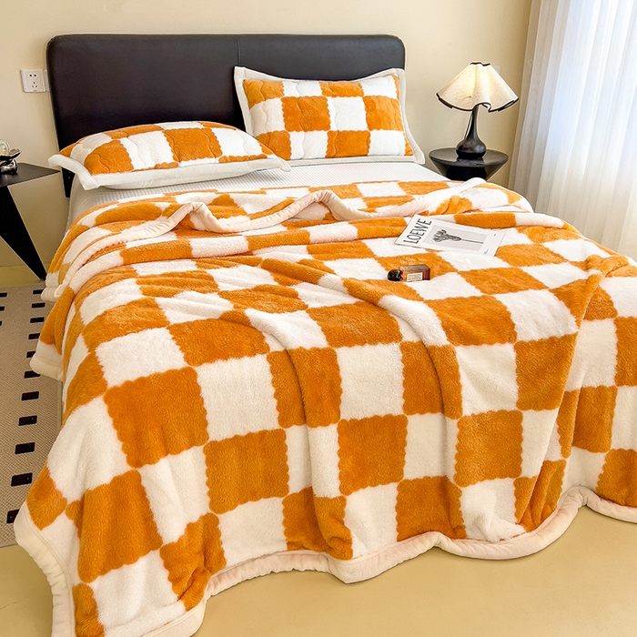 91家纺网 家纺一手货源 找家纺 慕木家纺 2025秋冬新款A类北极绒棋盘格双面毛毯 棋盘格双面绒毯-橘黄