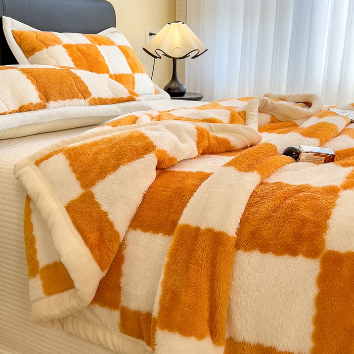 91家纺网 家纺一手货源 找家纺 慕木家纺 2025秋冬新款A类北极绒棋盘格双面毛毯 棋盘格双面绒毯-橘黄
