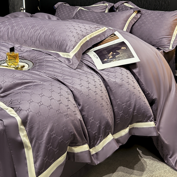 91家纺网 家纺一手货源 找家纺 雲归梦 2024新款轻奢双拼角全棉提花四件套 梵雅-葡萄紫