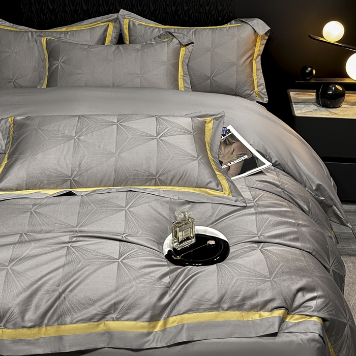 91家纺网 家纺一手货源 找家纺 雲归梦 2024新款轻奢双拼角全棉提花四件套 格拉斯-黎明灰