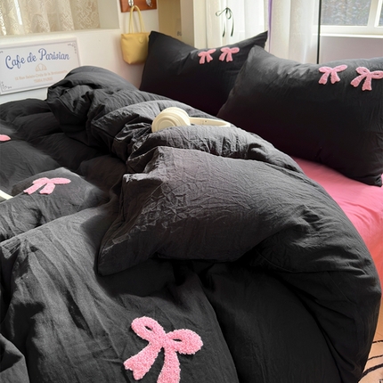 91家纺网 家纺一手货源 找家纺 （总）阿曼达 2024新款ins博主风爆款纯色波点蝴蝶结毛巾绣软糯糯水洗m四件套（专版花型）风格二