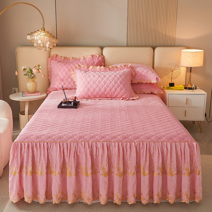 91家纺网 家纺一手货源 找家纺 罗艺轩 2024新款加厚宝宝绒夹棉床裙四件套-梦幻星辰 樱花粉