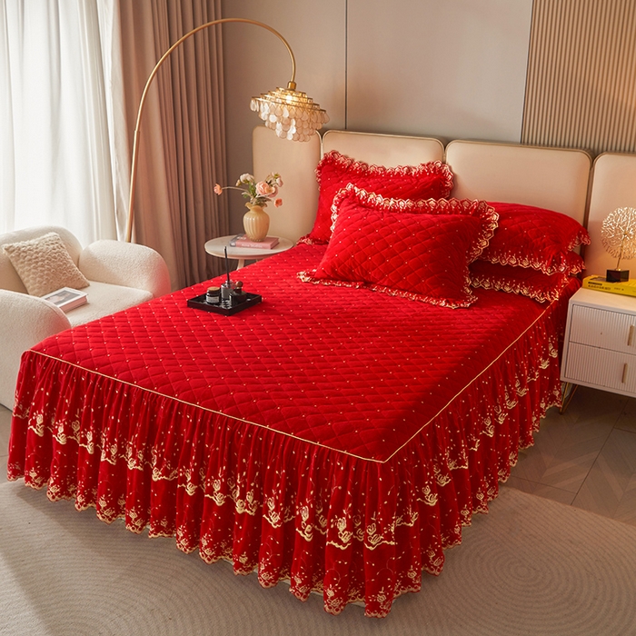 91家纺网 家纺一手货源 找家纺 罗艺轩 2024新款加厚宝宝绒夹棉床裙四件套-梦幻星辰 喜庆红