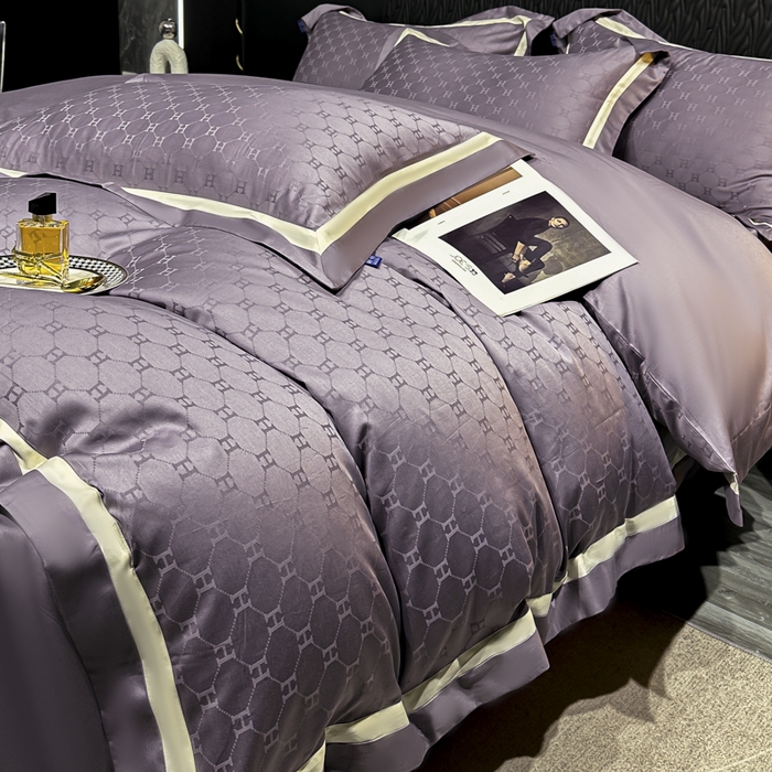 91家纺网 家纺一手货源 找家纺 雲归梦 2024新款轻奢双拼角全棉提花四件套 梵雅-葡萄紫