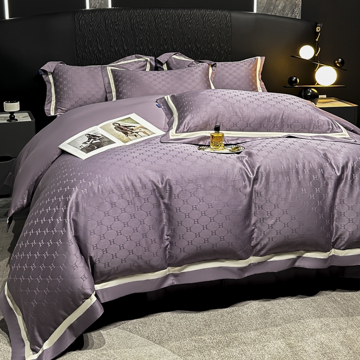 91家纺网 家纺一手货源 找家纺 雲归梦 2024新款轻奢双拼角全棉提花四件套 梵雅-葡萄紫