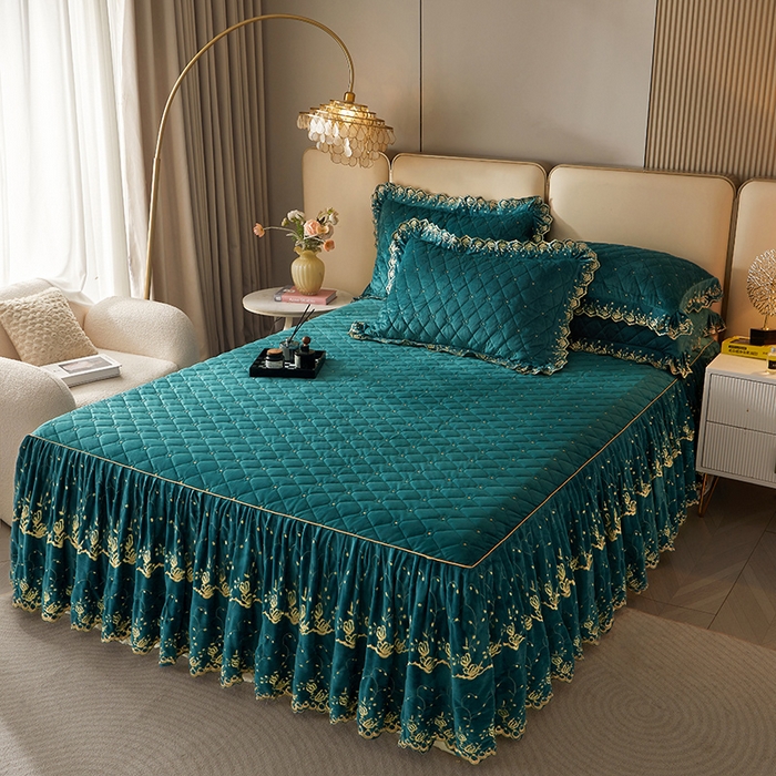 91家纺网 家纺一手货源 找家纺 罗艺轩 2024新款加厚宝宝绒夹棉床裙四件套-梦幻星辰 橄榄绿