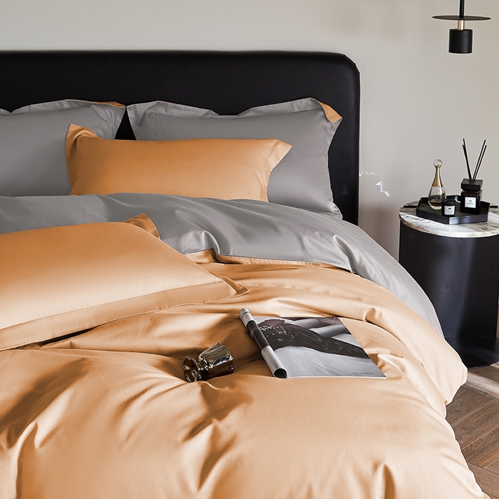 91家纺网 家纺一手货源 找家纺 秀色家纺 2025新款50支贡缎A类轻奢纯色长绒棉四件套全棉纯棉被套高级感床单三件套-雅克 雅克-南瓜橘+典雅灰