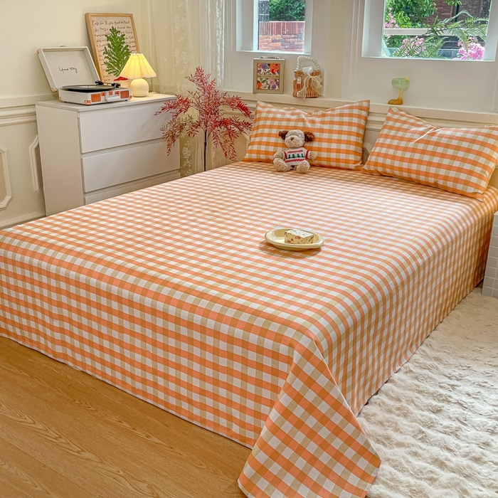 91家纺网 家纺一手货源 找家纺 义博家纺 2025新款全棉老粗布床单 粉咖大格