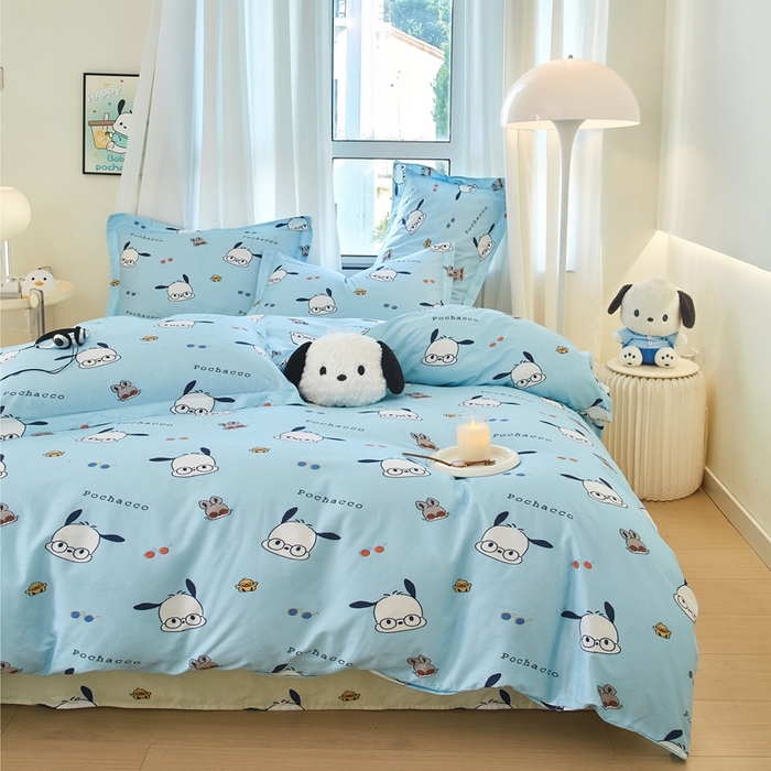 91家纺网 家纺一手货源 找家纺 蘭菲家纺 2024新款全棉小版卡通三丽鸥四件套 眼睛狗.蓝