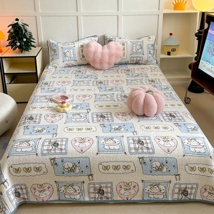 萝莉家纺 2024爆款印花牛奶绒夹棉绗缝床盖三件套 小可爱蓝
