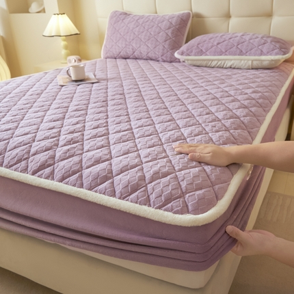 鑫钰 22024秋冬新款加厚牛奶绒烂花夹棉床笠 菱形格-浅紫