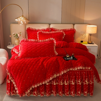 罗艺轩 2024新款加厚宝宝绒夹棉床裙四件套-梦幻星辰 喜庆红