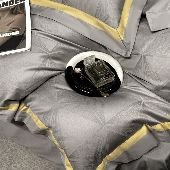 91家纺网 家纺一手货源 找家纺 雲归梦 2024新款轻奢双拼角全棉提花四件套 格拉斯-黎明灰