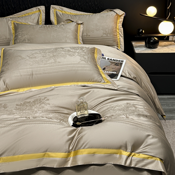 91家纺网 家纺一手货源 找家纺 雲归梦 2024新款轻奢双拼角全棉提花四件套 卡格洛-卡其