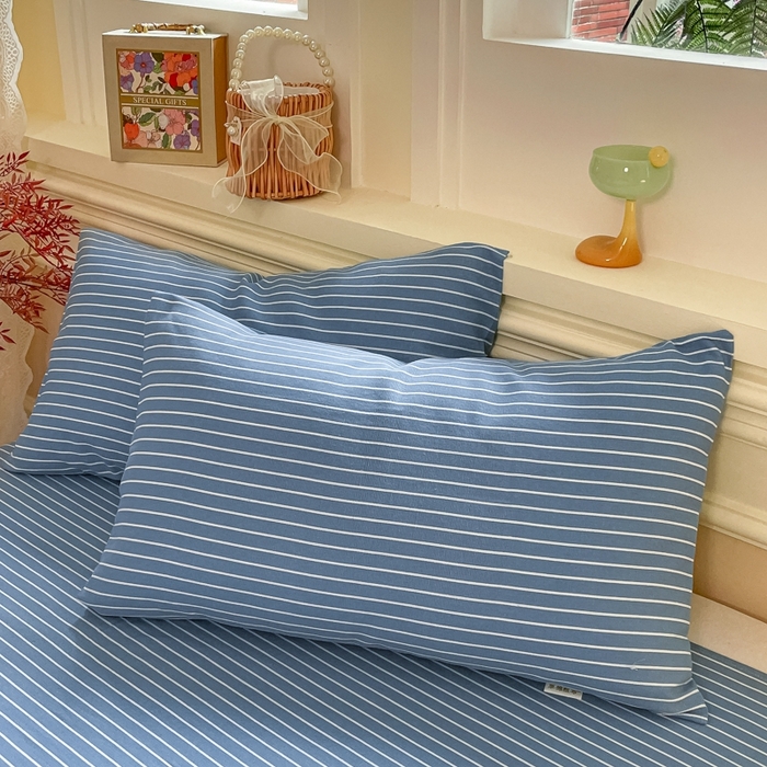 91家纺网 家纺一手货源 找家纺 义博家纺 2025新款全棉老粗布床单 蓝条纹