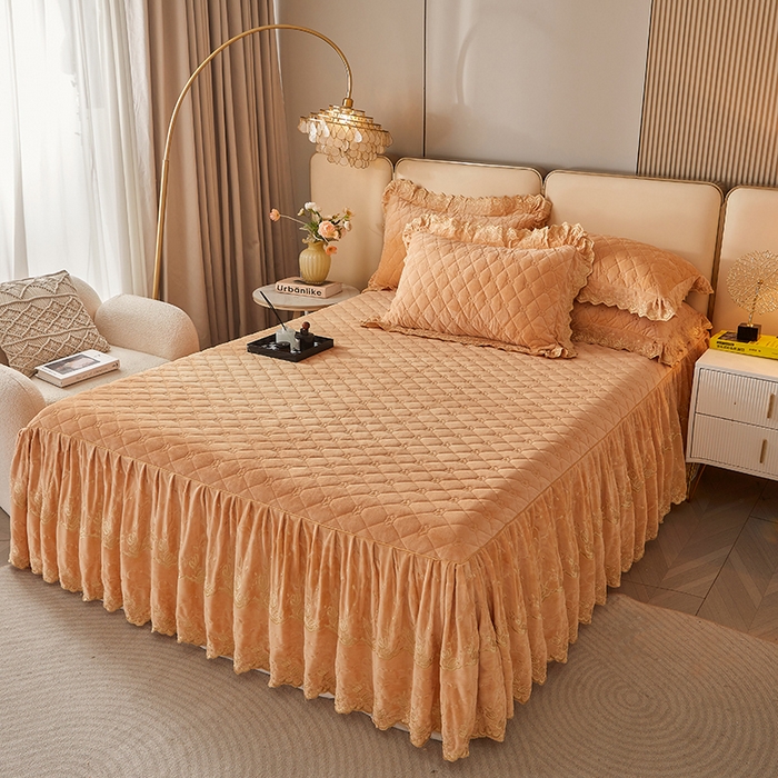 91家纺网 家纺一手货源 找家纺 罗艺轩 2024新款加厚宝宝绒夹棉床裙三件套-梦幻星辰 香槟金