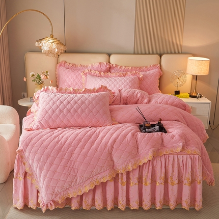 罗艺轩 2024新款加厚宝宝绒夹棉床裙四件套-梦幻星辰 樱花粉