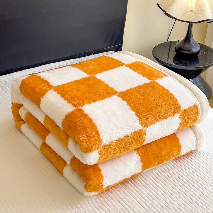 91家纺网 家纺一手货源 找家纺 慕木家纺 2025秋冬新款A类北极绒棋盘格双面毛毯 棋盘格双面绒毯-橘黄
