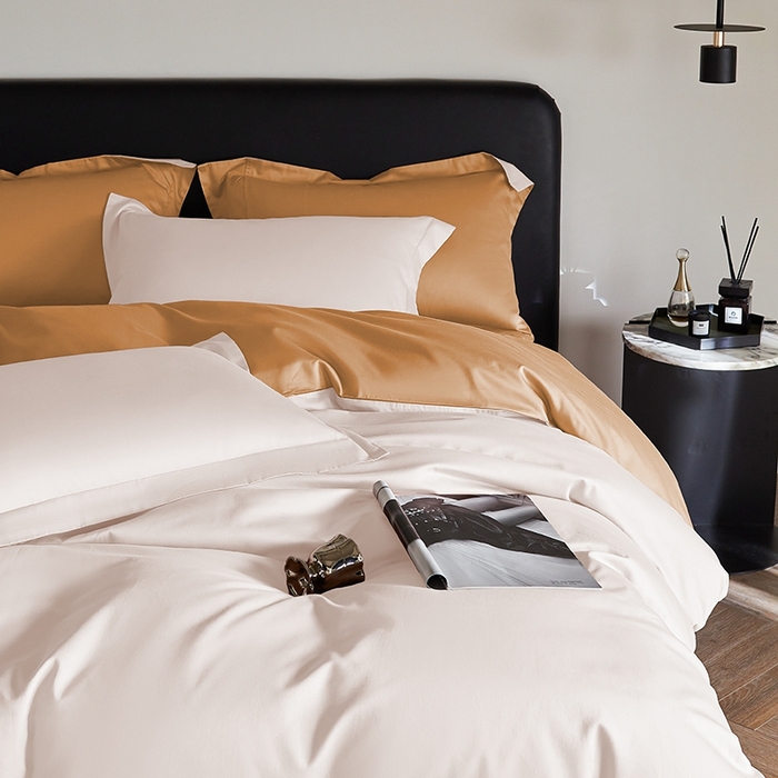 91家纺网 家纺一手货源 找家纺 秀色家纺 2025新款50支贡缎A类轻奢纯色长绒棉四件套全棉纯棉被套高级感床单三件套-雅克 雅克-皓月白+南瓜橘