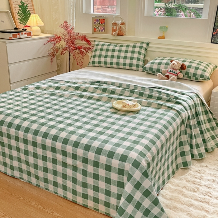 91家纺网 家纺一手货源 找家纺 义博家纺 2025新款全棉老粗布床单 绿大格