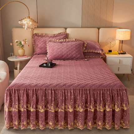 罗艺轩 2024新款加厚宝宝绒夹棉床裙三件套-梦幻星辰 豆沙粉