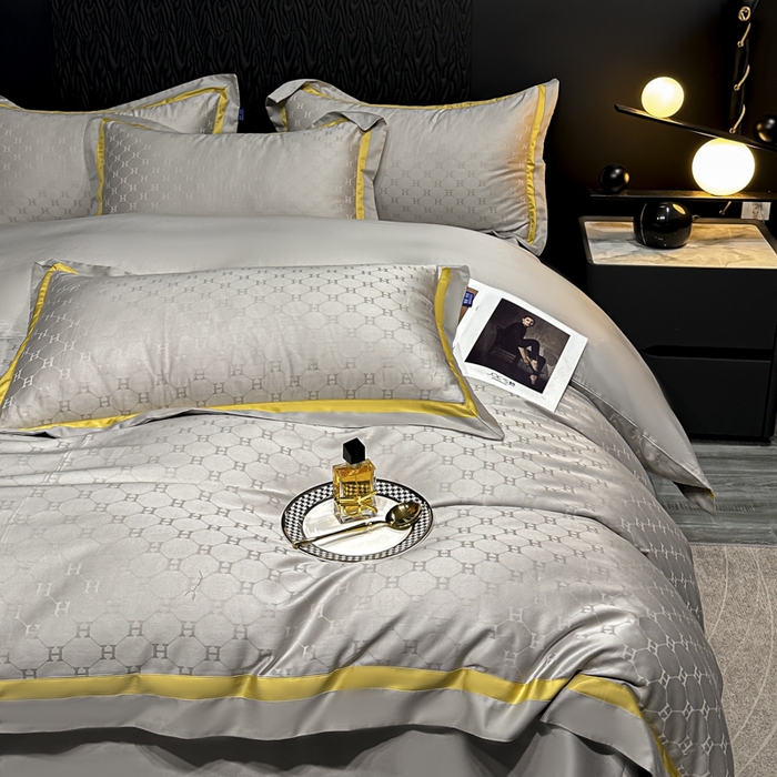 91家纺网 家纺一手货源 找家纺 雲归梦 2024新款轻奢双拼角全棉提花四件套 梵雅-雅士灰