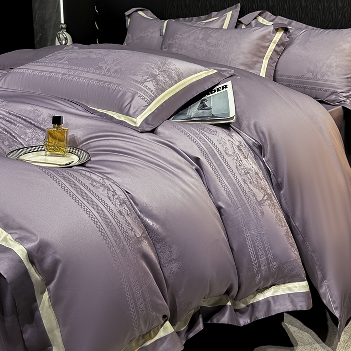 91家纺网 家纺一手货源 找家纺 雲归梦 2024新款轻奢双拼角全棉提花四件套 卡格洛-紫色