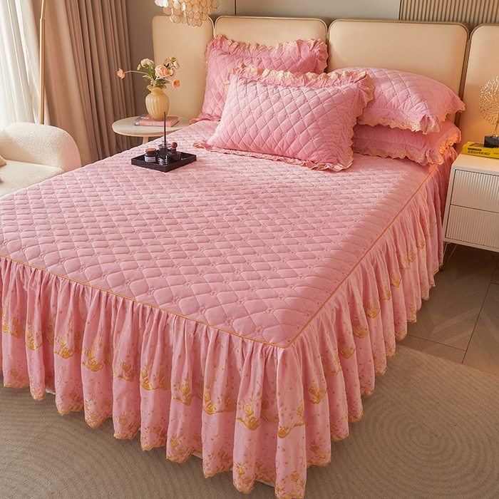 91家纺网 家纺一手货源 找家纺 罗艺轩 2024新款加厚宝宝绒夹棉床裙四件套-梦幻星辰 樱花粉