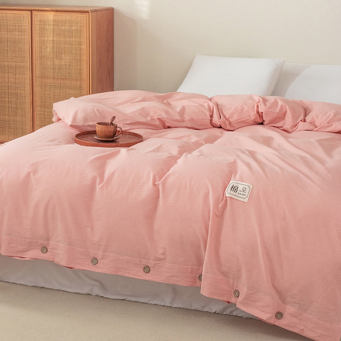 91家纺网 家纺一手货源 找家纺 呦呦南宋 纽扣款单被套A类纯棉  母婴级色织水洗棉 单件纯色被罩 无印风全棉单品被套 粉色