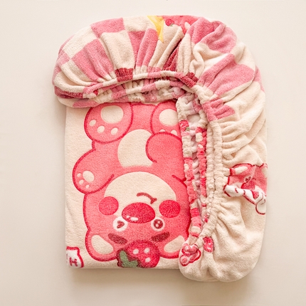 韩巢家纺 2024新款加厚雪花绒卡通印花保暖牛奶绒珊瑚绒床笠三件套 欢乐小熊