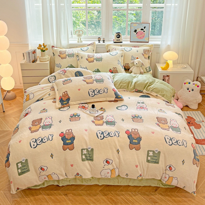 91家纺网 家纺一手货源 找家纺 韩巢家纺 2024新款加厚雪花绒牛奶绒珊瑚绒四件套-新品（提供卖家秀） 快乐心情