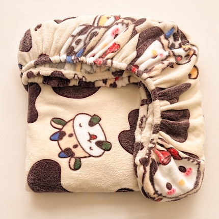 韩巢家纺 2024新款加厚雪花绒卡通印花保暖牛奶绒珊瑚绒床笠三件套 奶油小猫