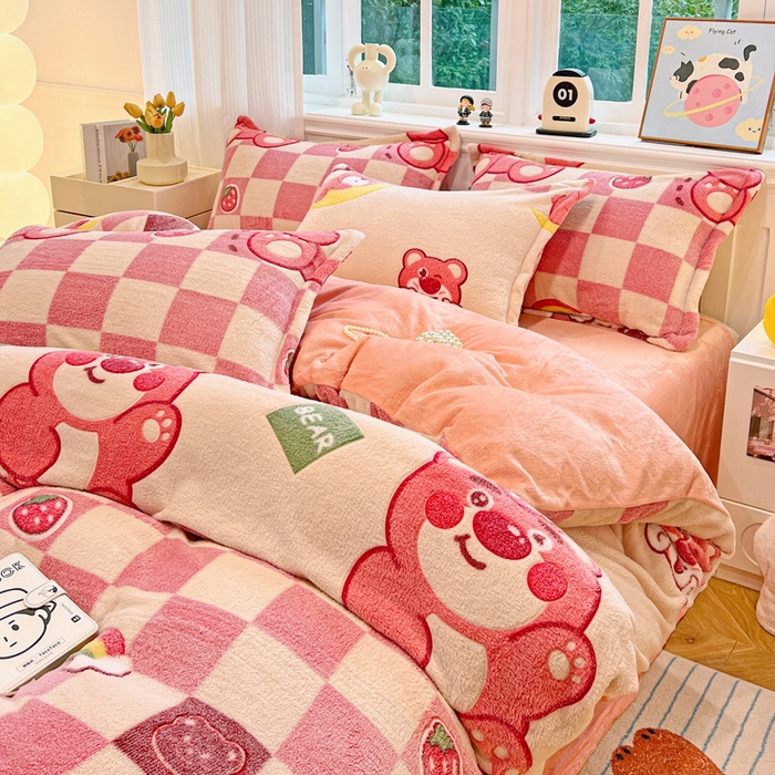 91家纺网 家纺一手货源 找家纺 韩巢家纺 2024新款加厚雪花绒牛奶绒珊瑚绒四件套-新品（提供卖家秀） 欢乐小熊