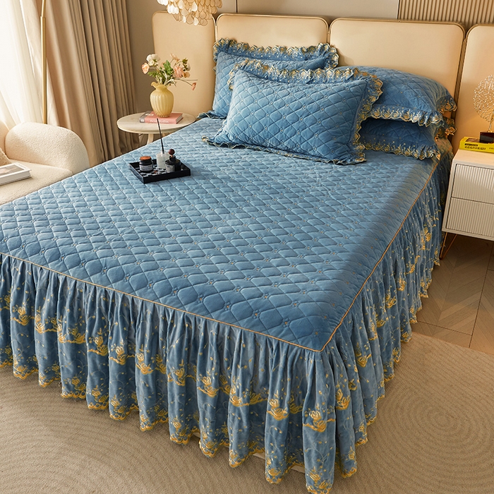 91家纺网 家纺一手货源 找家纺 罗艺轩 2024新款加厚宝宝绒夹棉床裙三件套-梦幻星辰 绅士蓝