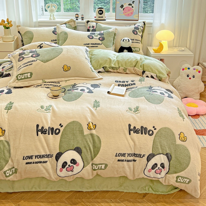 91家纺网 家纺一手货源 找家纺 韩巢家纺 2024新款加厚雪花绒牛奶绒珊瑚绒四件套-新品（提供卖家秀） 快乐熊猫