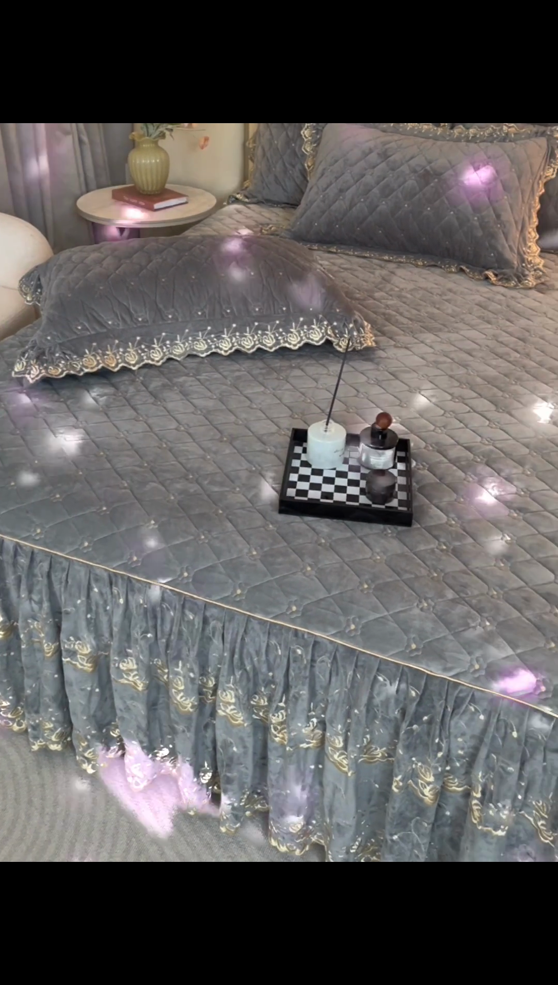 91家纺网 家纺一手货源 找家纺 罗艺轩 2024新款加厚宝宝绒夹棉床裙三件套-梦幻星辰 高级灰