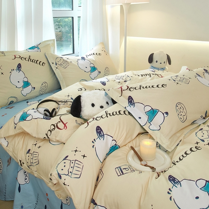 91家纺网 家纺一手货源 找家纺 蘭菲家纺 2024新款全棉小版卡通三丽鸥四件套 俏皮狗